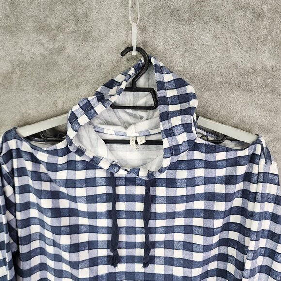 Womens Blue & White Checkered Hoodie Shirt Cold Shoulder Long Sleeve Size L - Picture 4 of 10